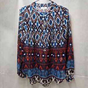 HAYDEN LOS ANGELES BOHO TRIBAL BOLD PRINT 1/2 BUTTON FRONT TOP/BLOUSE SMALL